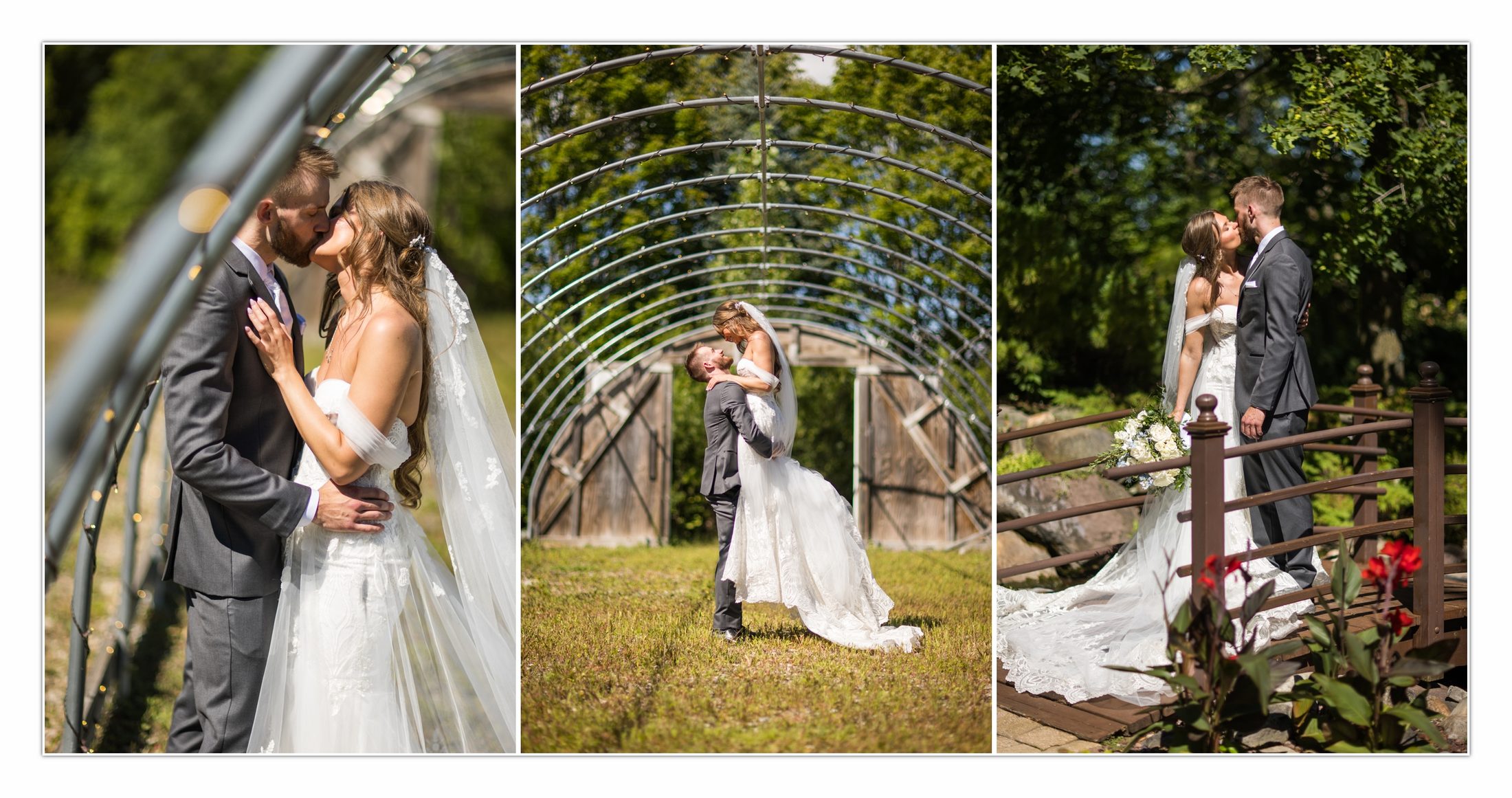 Garden wedding portraits beneath the arches