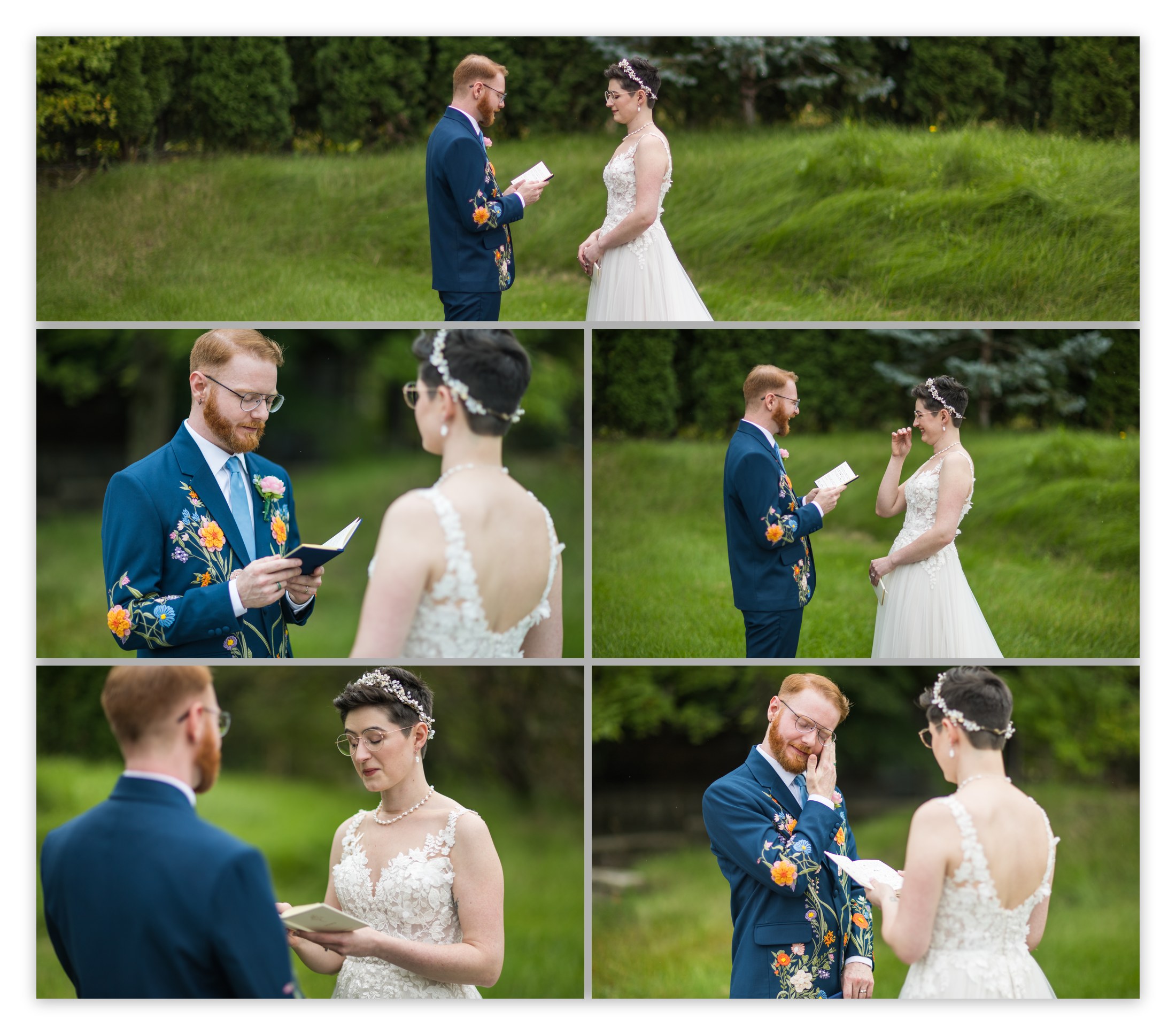 Rose and Ben reading private vows in the meadow