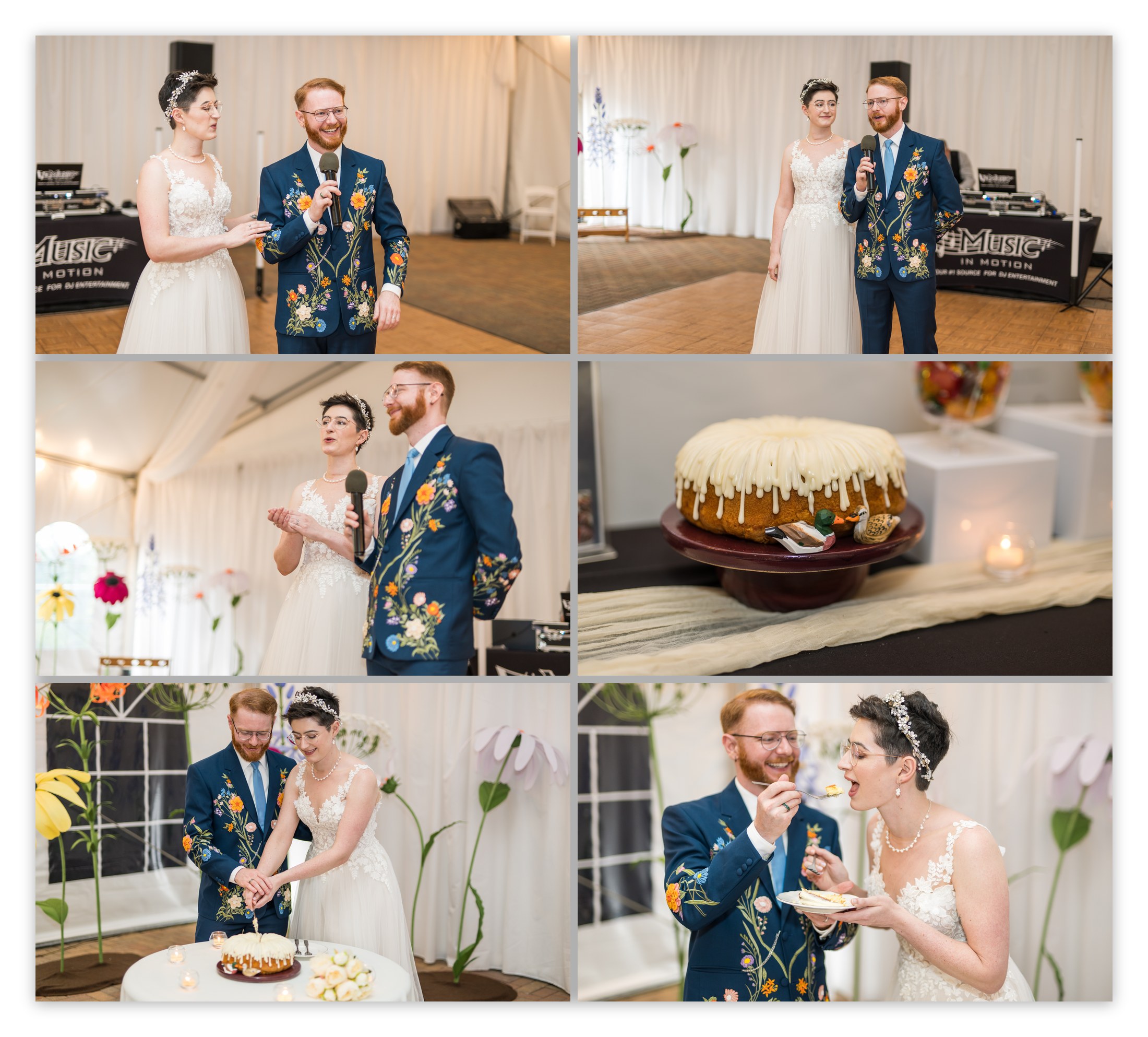 Rose and Ben giving a speech and cutting their wedding cake