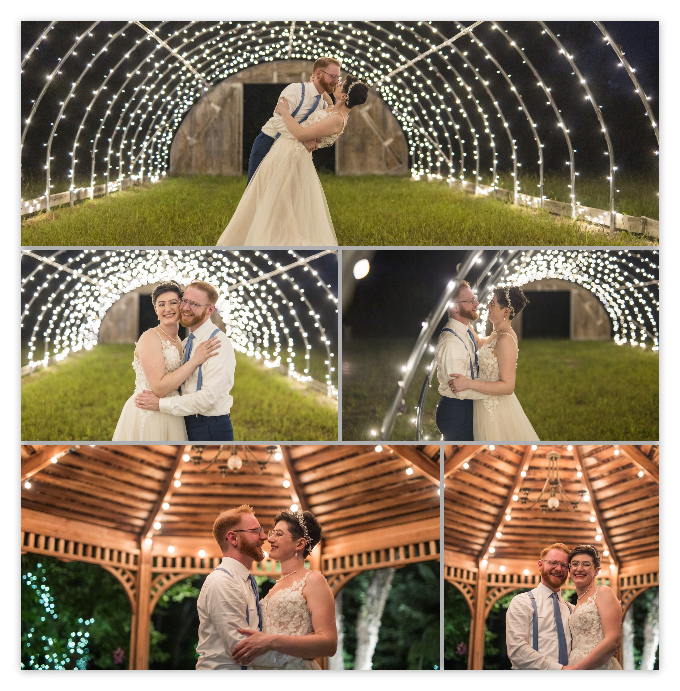 Rose and Ben beneath the garden lights at night