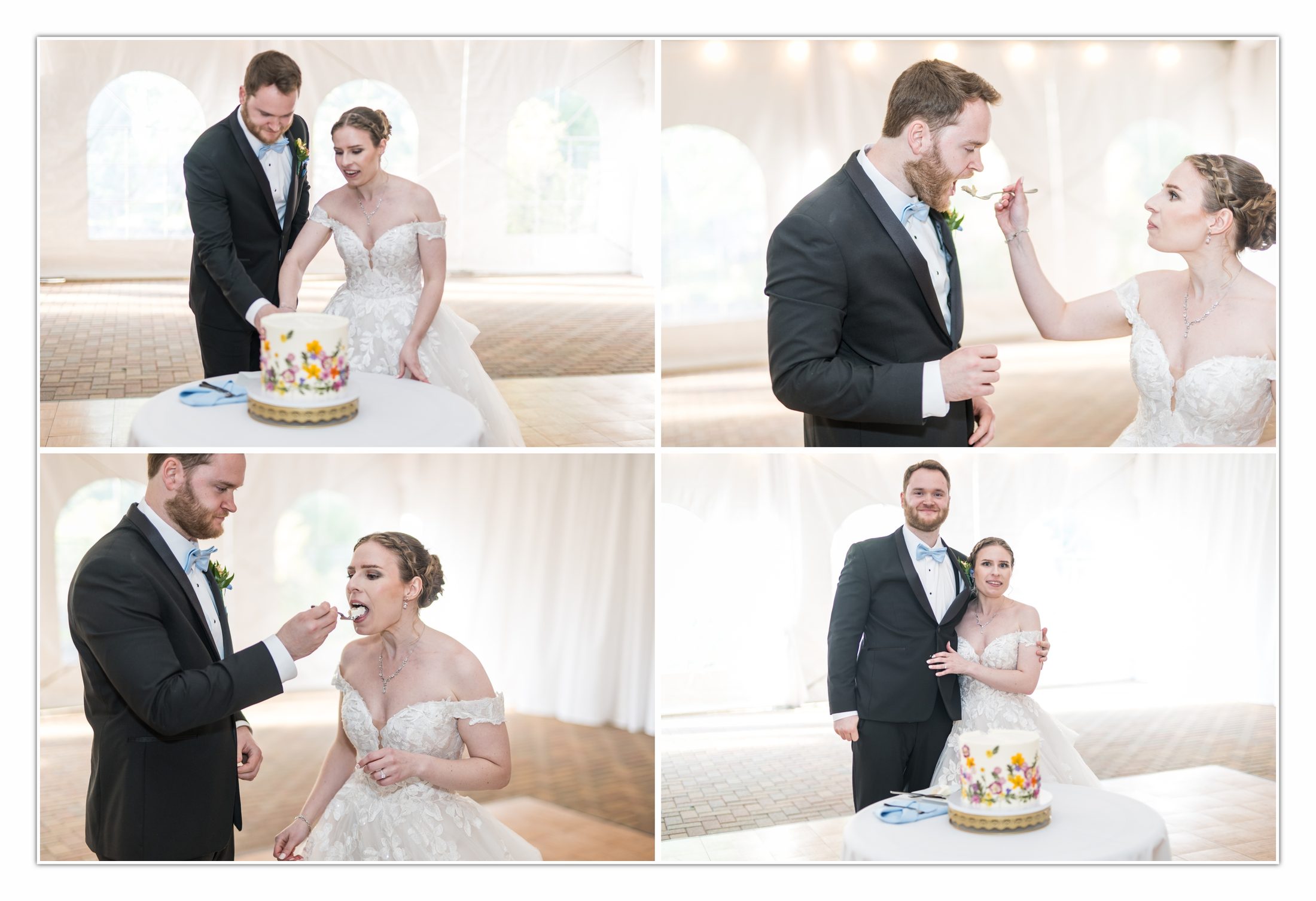 Victoria and Sherman cutting their floral wedding cake
